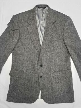 Lands End Men's Black Gray Herringbone Tweed Lambswool Blazer Sport Coat 42L EUC